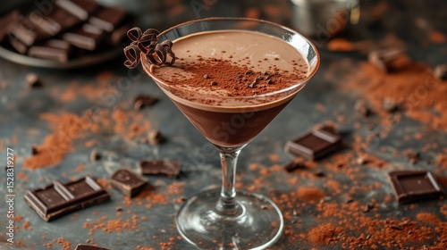Chocolate cocktail topped with cocoa powder and chocolate pieces in a chic dessert setting