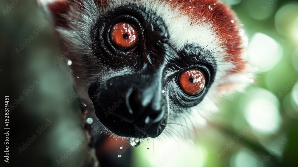 Obraz premium This captivating close-up showcases a rare lemur with striking orange eyes and vibrant fur, beautifully highlighting its features and the lush green environment it inhabits.