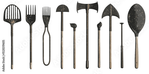 Collection of farming hand tools cast in shadow showcases traditional agricultural implements for various tasks and activities during harvest