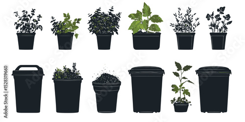 Collection of various compost containers featuring different plants in an isolated vector style