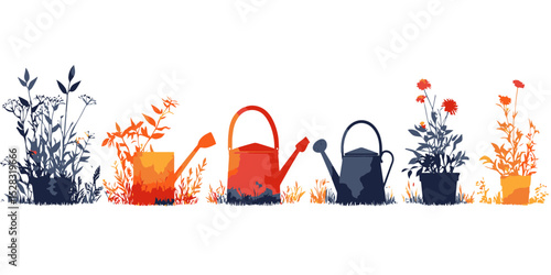 Collection of watering can shadow silhouettes in vibrant colors isolated on a white background for garden decoration