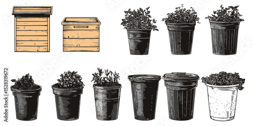 Collection of varying compost containers including bins and pots for sustainable gardening and waste management