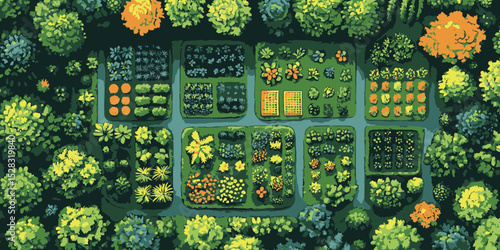 Detailed flat design illustration of a lush garden plan featuring various plant beds and pathways at a sunny location