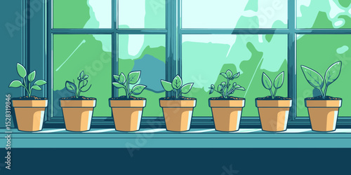 Gardening at home with potted plants lined on a windowsill creating a lively indoor atmosphere