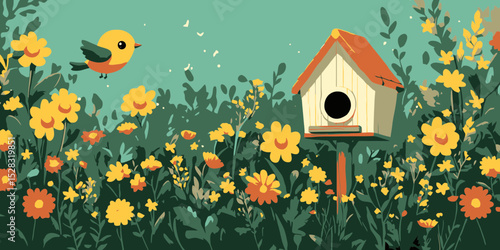 Beautiful garden with blooming flowers and a cheerful bird near a cozy birdhouse in flat design illustration
