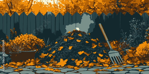 Colorful autumn garden with fallen leaves, gardening tools, and vibrant landscaping elements