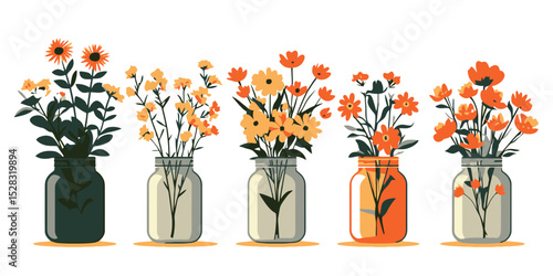 Charming flat design vector illustration of colorful flower arrangements in glass jars on a clean background
