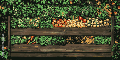 Vegetable garden with fresh produce in a wooden planter showcasing harvest at midday