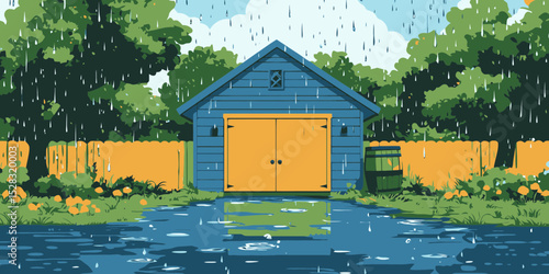Rain falls gently on a colorful garden shed surrounded by lush greenery and vibrant flowers during a tranquil afternoon