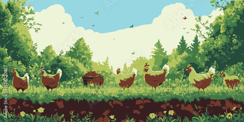 Colorful flat design illustration of chickens roaming freely in a lush green landscape during a sunny day