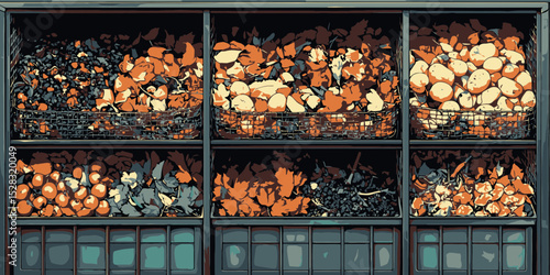 Detailed flat vector illustration showcasing layers of compost in a 2D format highlighting organic materials and texture