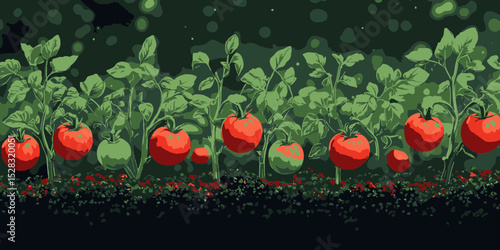 Colorful flat design illustration showcasing ripe tomatoes growing in a garden setting during daytime