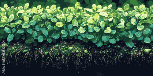 Close-up view of stylized vector art showcasing a lush garden with vibrant green leaves and intricate root systems