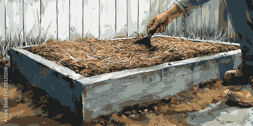 Gardener tending to freshly mulched vegetable bed in a sunny backyard setting