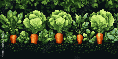Vibrant display of lush green vegetables with bright orange carrots captured in stylized vector art