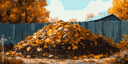 Vibrant autumn leaf pile in a serene outdoor setting with a wooden fence and a cozy shed