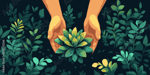 Hands nurturing a succulent plant surrounded by lush greenery in a composting garden setting