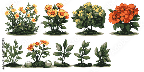 Collection of garden debris icons featuring colorful flowers and plants in a vector design suitable for various projects