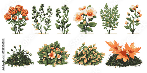 Collection of isolated vector icons depicting various garden debris and plant elements in a simple, colorful style