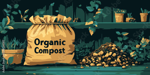 Flat vector illustration of a bag labeled organic compost with garden elements in a lively setting