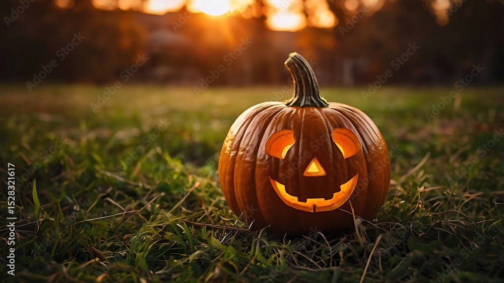 Obraz premium Smiling Jack-o'-lantern in Autumn Sunset A Festive Halloween Scene
