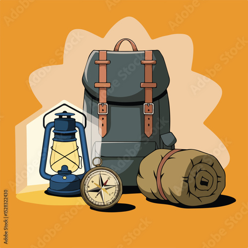 Nature tourism vector with camping icons and a peaceful forest scene.

