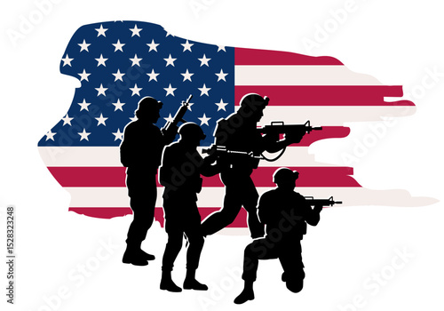 Silhouettes of armed US soldiers in combat poses over USA flag background. Symbol of national military forces, United States of America defense, modern warfare, geopolitics, tactical operations