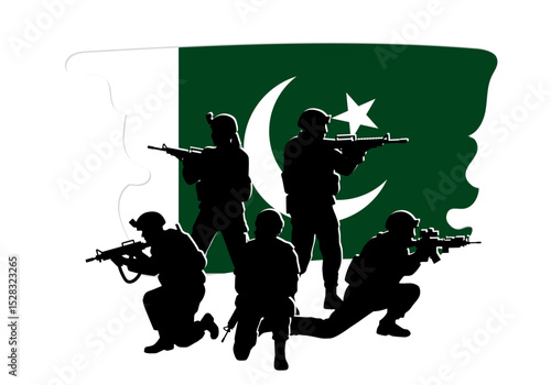 Banner with silhouette of Pakistan army special forces unit. Soldiers with rifles in tactical formation on the flag of Pakistan. Vector graphic of a military squad isolated on transparent background.