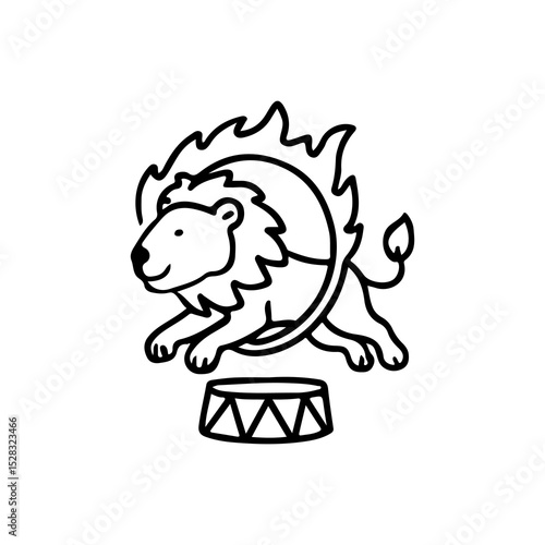 Dynamic vector illustration of a lion jumping through a flaming hoop, exuding adventure and excitement. Ideal for circus, entertainment, and performance themes. Eye-catching black and white design.