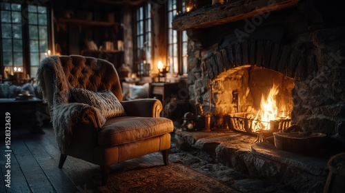 Comfortable armchair sits near cozy fireplace in rustic living room scene.