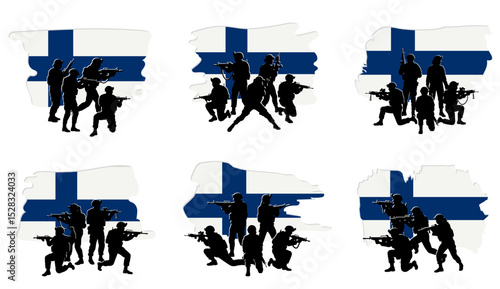  Silhouettes of Finnish soldiers in combat stance over Finland flag background. National defense, armed forces, tactical operations, conflict concept. European military wallpaper