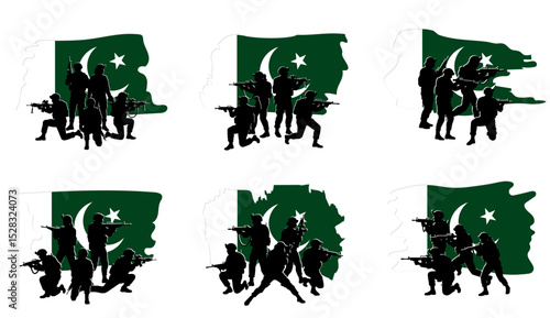 Set of silhouettes of a Pakistan army special forces unit. Soldiers with rifles in tactical formation on the flag of Pakistan. Vector graphic of a military squad isolated on transparent background.