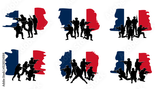 Set of groups of French soldiers in silhouette holding rifles in front of the French flag, representing France’s military role, defense policy, European security, and armed conflict readiness.