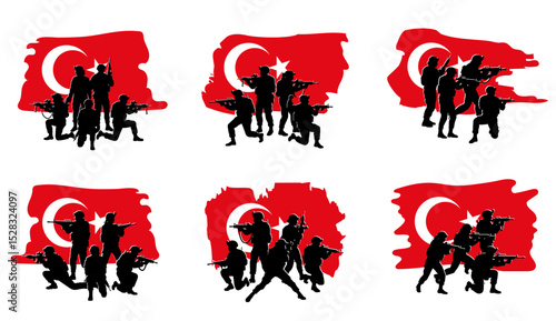 Set of groups of armed Turkish soldiers in silhouette holding rifles in front of the Turkish national flag, symbolizing Turkey’s military strength, defense system, and regional power in armed conflict