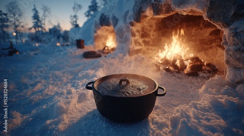 Wallpaper Mural A black pot simmers in a snowy landscape before a cozy winter campfire. Torontodigital.ca