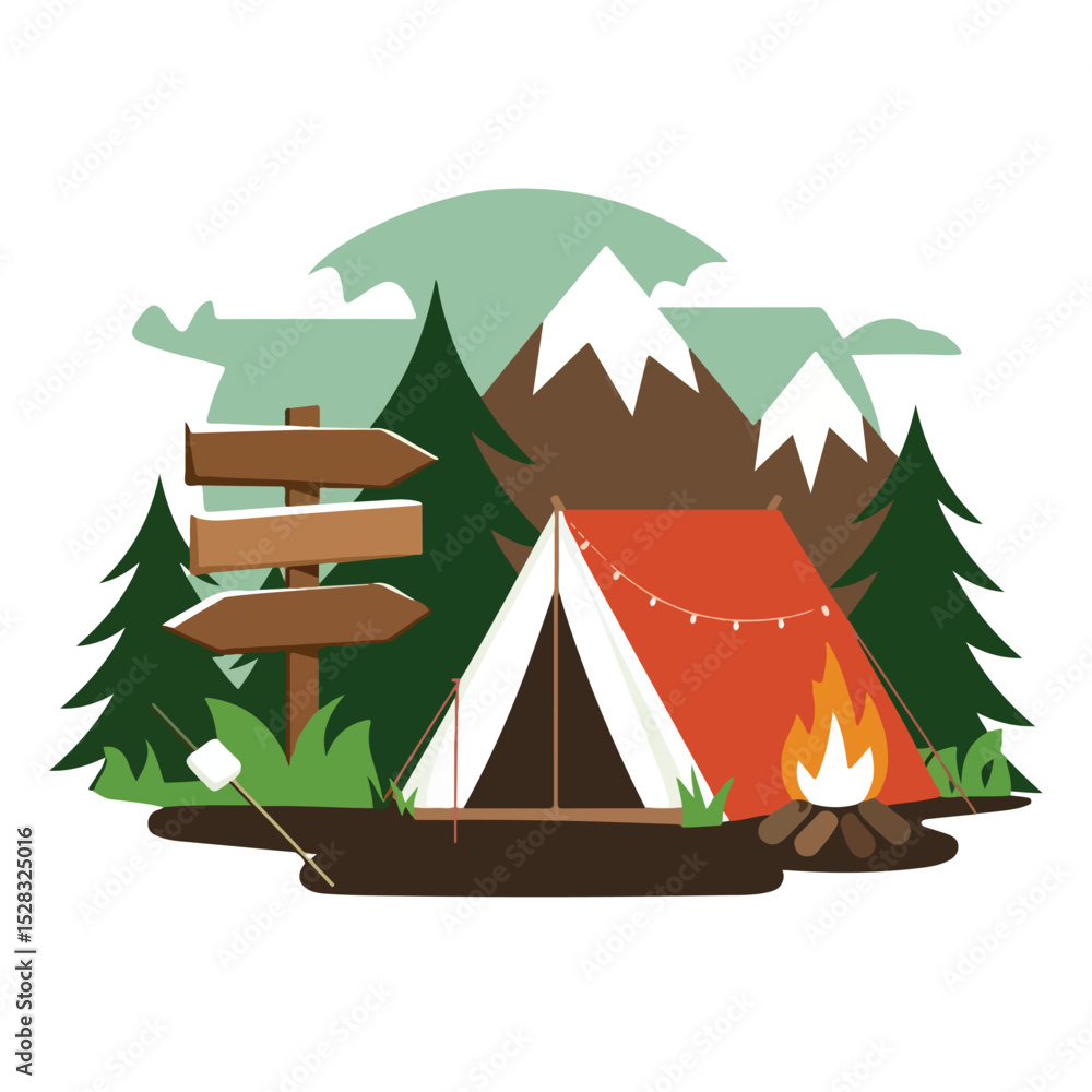 Vibrant camping visuals with detailed tent and gear setup for hiking and trekking design. Vibrant camping visuals with detailed tent and gear setup for hiking and trekking design.
