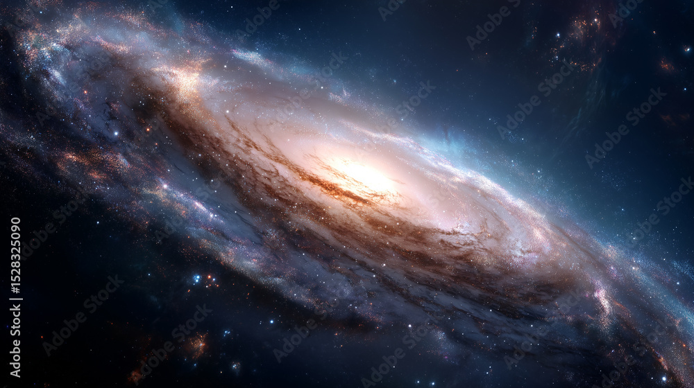 Fototapeta premium Spiral galaxy with glowing core and blue gas clouds