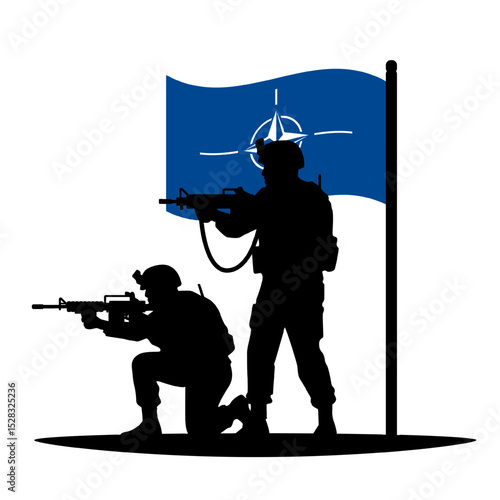 Vector illustration of soldier silhouettes in front of the NATO flag, one standing and one kneeling with weapons. Alliance military cooperation and collective defense concept. Transparent background