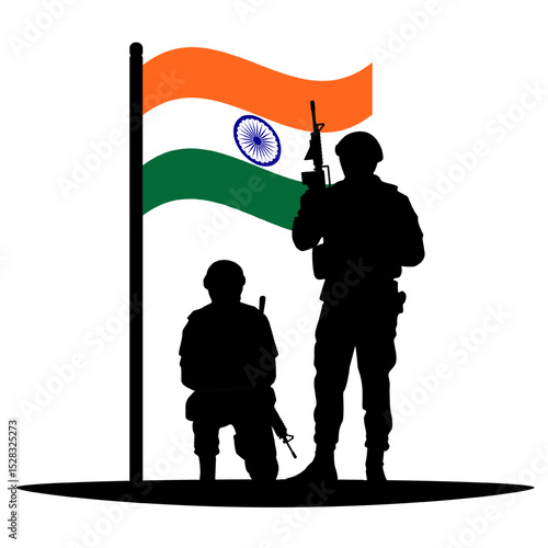 Two Indian army soldier silhouettes on guard with the national flag of India (Tiranga). A concept for India's military, armed forces, national defense, patriotism, and Republic Day celebrations.
