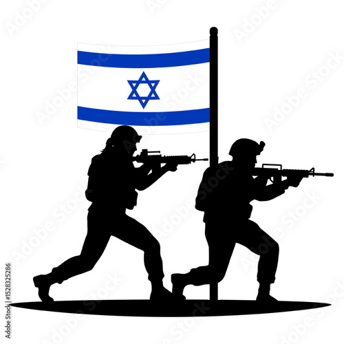 Vector illustration of two armed Israeli soldier silhouettes aiming and running in front of the waving Israeli flag, representing military force, national defense, and geopolitical presence of Israel