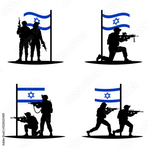 Set of Israeli army soldier silhouettes guarding the flag of Israel. A vector concept for the Israel Defense Forces (IDF), national security, military personnel, and Middle East geopolitical conflict.