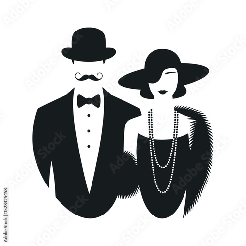 Elegant Art Deco Couple in Black Silhouette Illustration Featuring a Man in Suit and Woman with Pearls