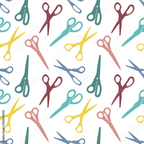 Seamless pattern of colorful scissors for paper or sewing. Pink, blue, green, yellow and beige. Vector background of sewing accessories for educational materials, projects and Back to school theme.