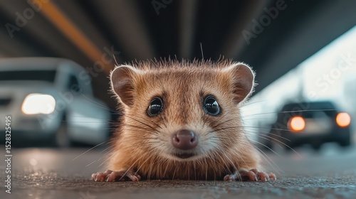 Fototapeta Naklejka Na Ścianę i Meble -  A cute small mammal with large eyes, lying on the ground in an urban area, showcasing its inquisitive nature against a backdrop of passing vehicles.