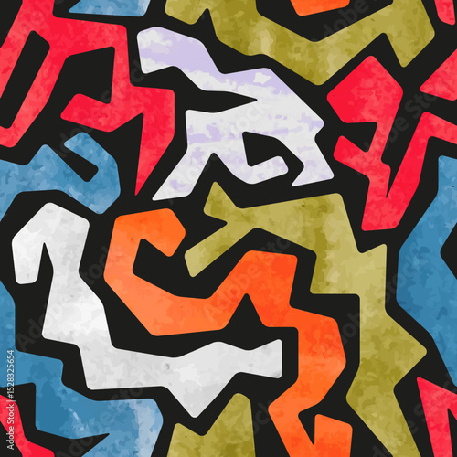 Graffiti watercolor seamless pattern. Vector colorful geometric abstract back...