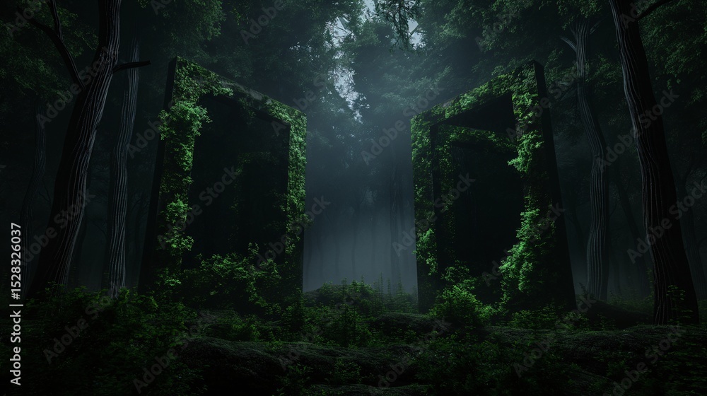 Mystical forest with moss covered structures in dark, serene setting. Mystical forest with moss covered structures in dark, serene setting.