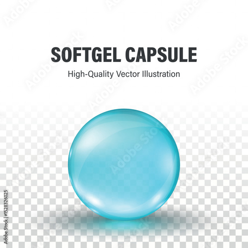 Blue Softgel Round Capsule, Vector 3d Illustration. Glossy Gel Pill, Dietary Supplements, Vitamins, Omega-3, Probiotics, Nutritional Health. Pharmaceutical Medicine, Gelatin Capsule Design Template