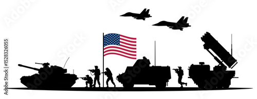  Silhouettes of US military vehicles, soldiers, missile launchers, tanks, and fighter jets with American flag isolated on white background. United States army strength and global military presence.