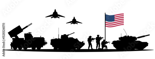 US Army military forces silhouette. Soldiers, M1 Abrams tank, MLRS rocket launcher, and fighter jets with the American flag. Modern warfare, army power, national defense concept vector illustration