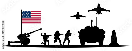 Vector illustration of U.S. army silhouettes with tanks, missile launchers, soldiers, and jets under the American flag, reflecting military strength, readiness, and global operations. White background